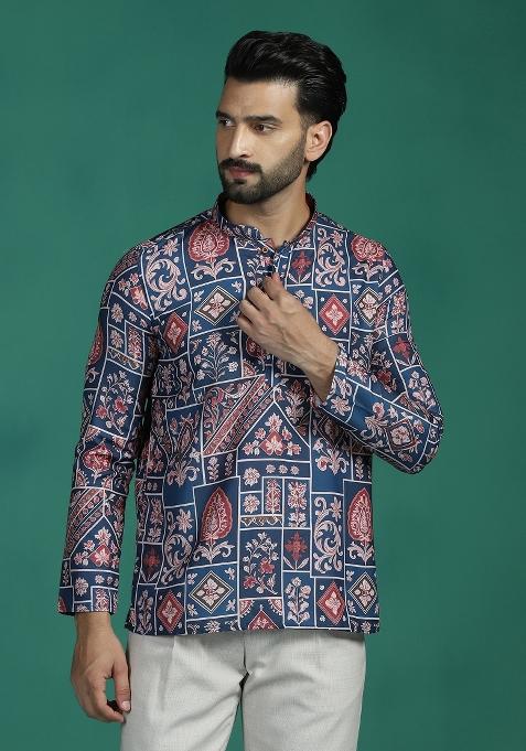Multicolor Printed Rayon Short Kurta For Men