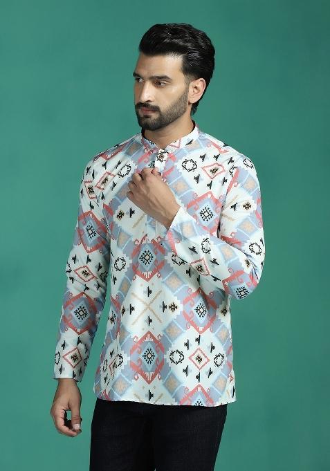 White Ethnic Motifs Rayon Short Kurta For Men
