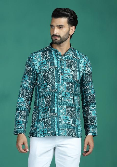 Green Printed Rayon Short Kurta For Men