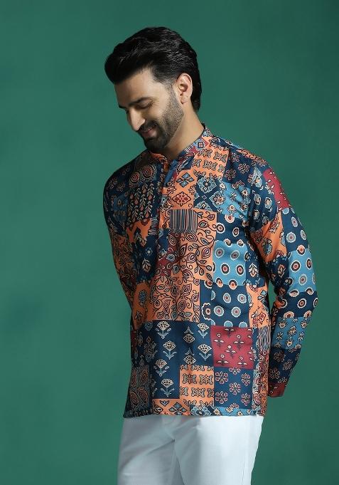 Multicolor Floral Rayon Short Kurta For Men