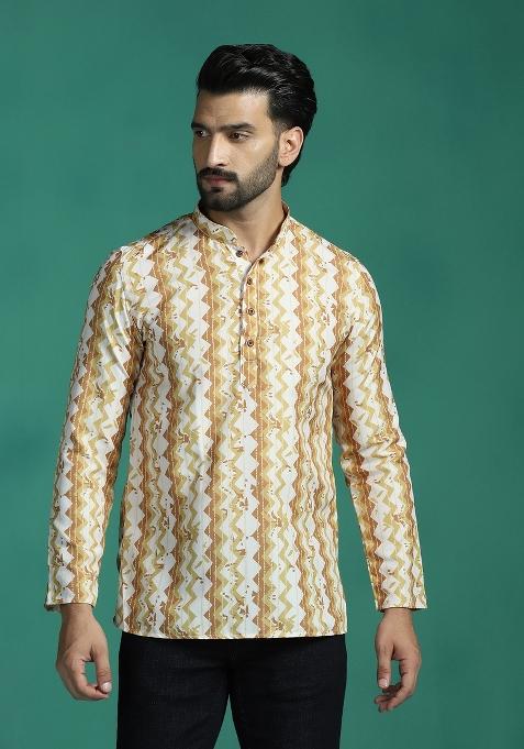 Yellow Zigzag Rayon Short Kurta For Men