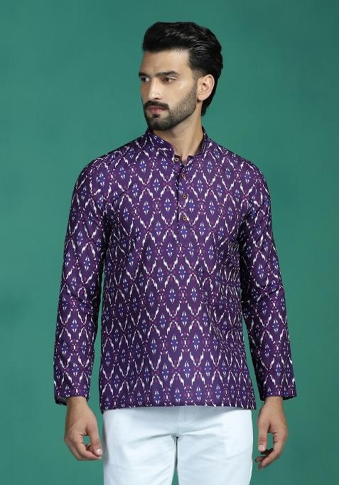 Purple Zigzag Rayon Short Kurta For Men