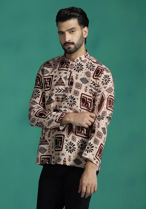 Brown Geometric Rayon Short Kurta For Men