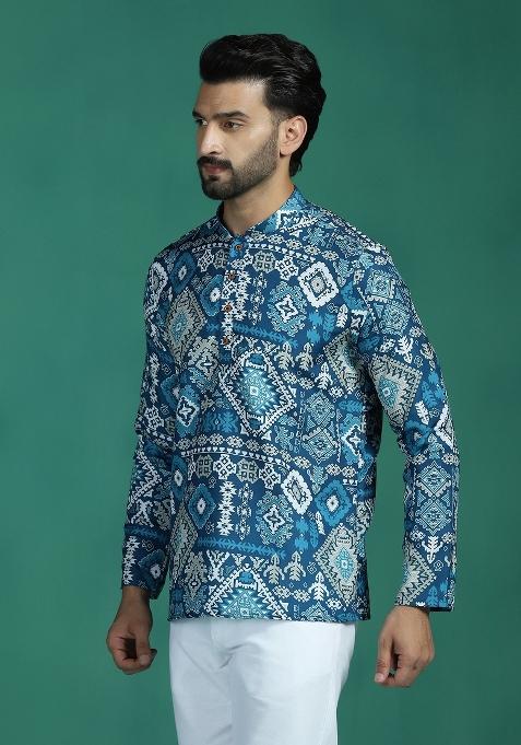 Blue Abstract Rayon Short Kurta For Men