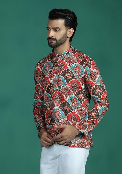 Multicolor Abstract Rayon Short Kurta For Men