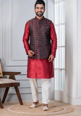Red Embroidery Silk Kurta Set For Men
