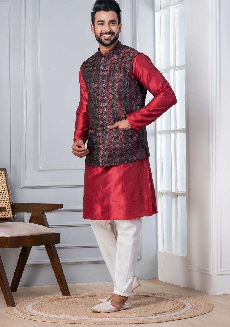 Red Embroidery Silk Kurta Set For Men - Indya