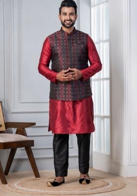 Red Embroidery Silk Kurta Set For Men