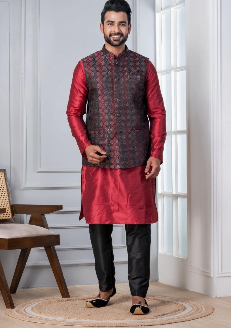 Red Embroidery Silk Kurta Set For Men - Indya