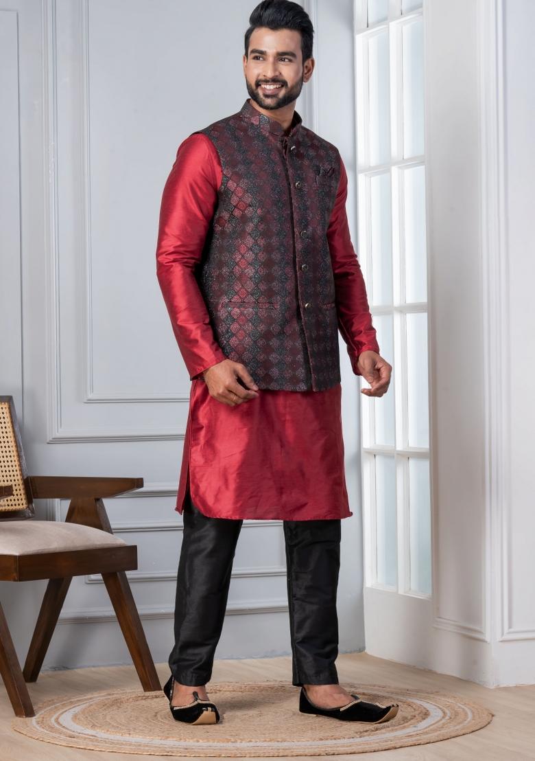 Red Embroidery Silk Kurta Set For Men - Indya