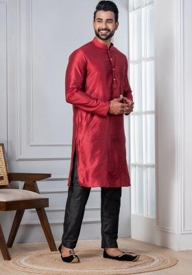 Red Embroidery Silk Kurta Set For Men