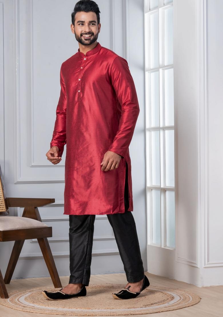 Red Embroidery Silk Kurta Set For Men - Indya