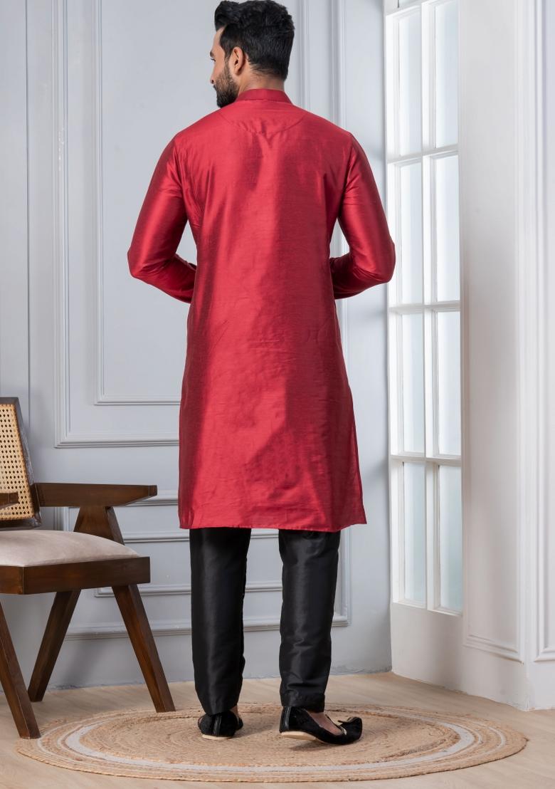 Red Embroidery Silk Kurta Set For Men - Indya