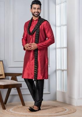 Red Embroidery Silk Kurta Set For Men