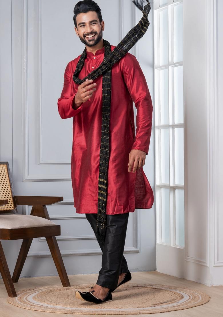 Red Embroidery Silk Kurta Set For Men - Indya