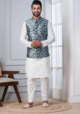 White Embroidery Silk Kurta Set For Men