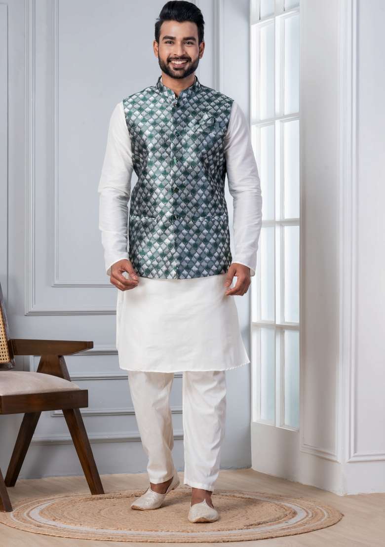 White Embroidery Silk Kurta Set For Men - Indya