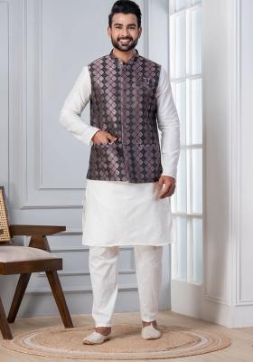 White Embroidery Silk Kurta Set For Men