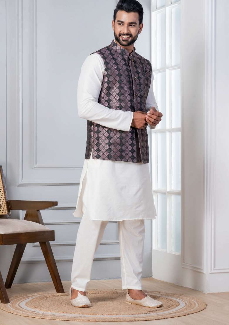 White Embroidery Silk Kurta Set For Men - Indya