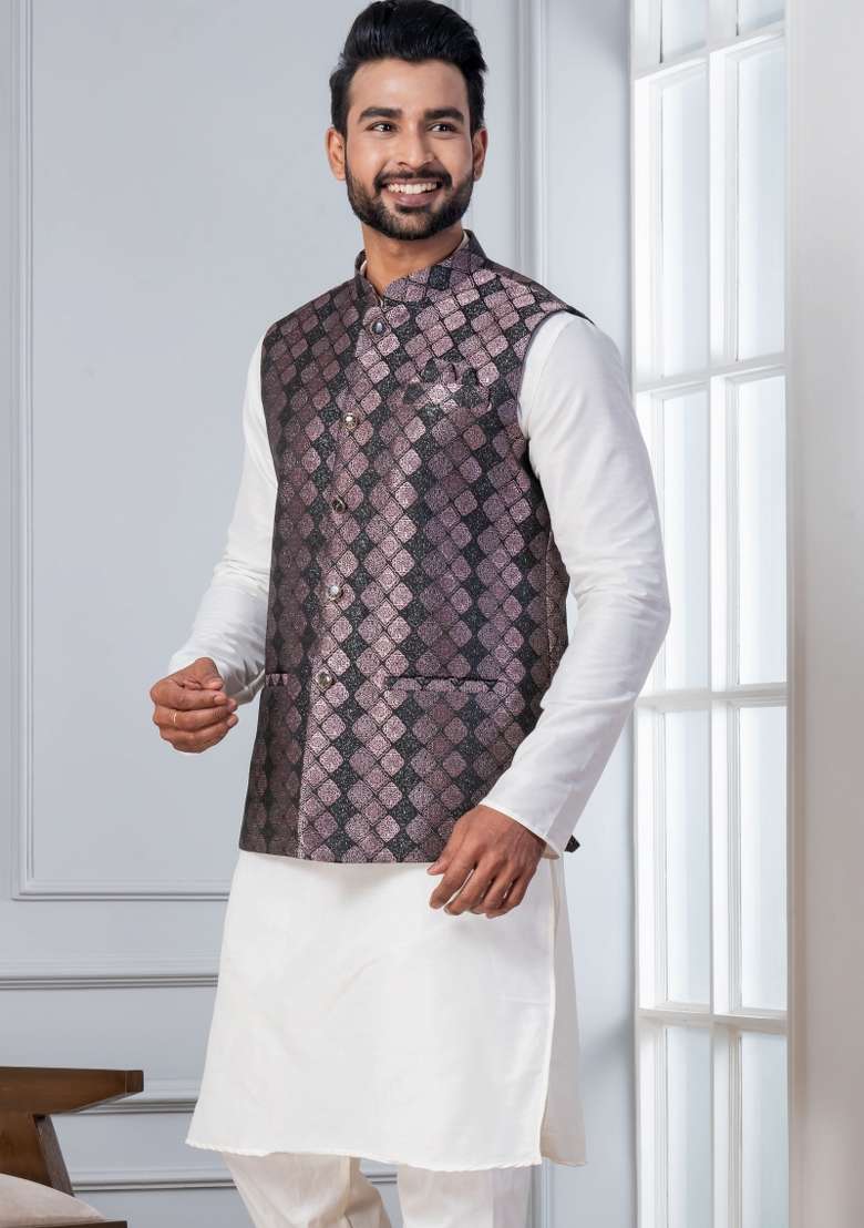 White Embroidery Silk Kurta Set For Men - Indya