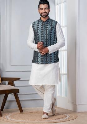 White Embroidery Silk Kurta Set For Men