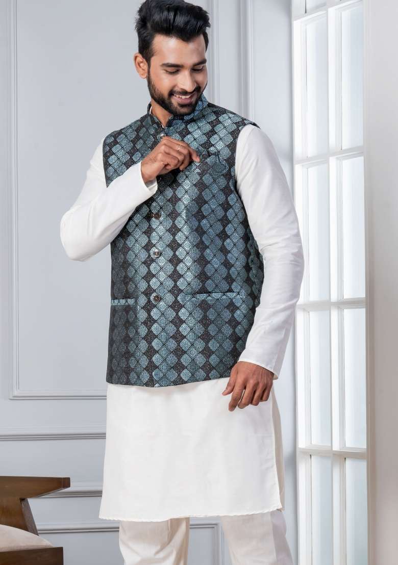White Embroidery Silk Kurta Set For Men - Indya