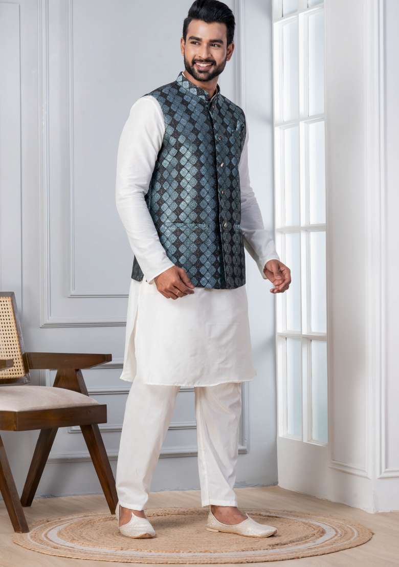 White Embroidery Silk Kurta Set For Men - Indya
