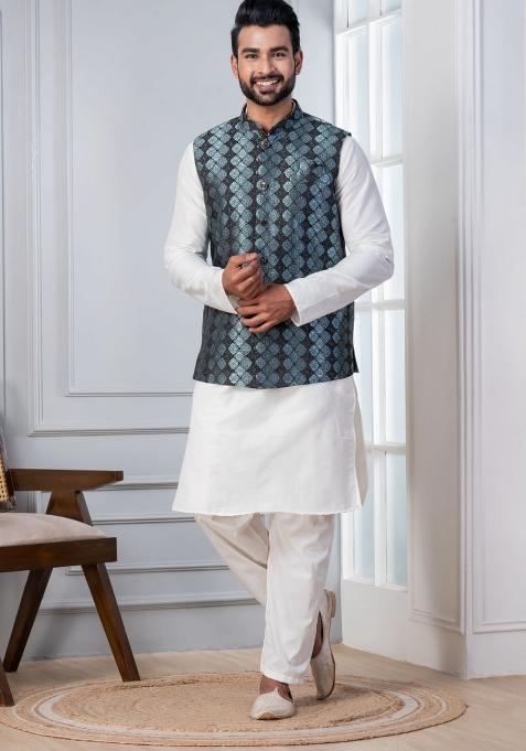 White Embroidery Silk Kurta Set For Men