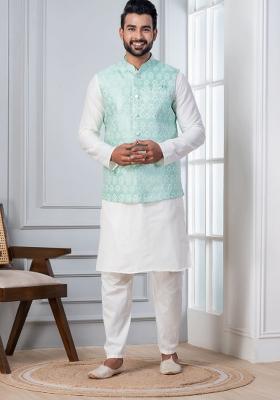 White Embroidery Silk Kurta Set For Men