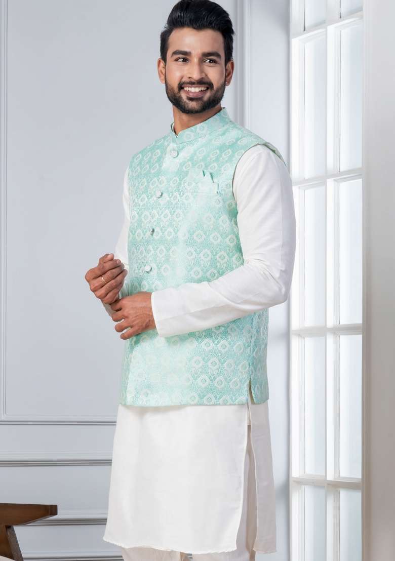 White Embroidery Silk Kurta Set For Men - Indya