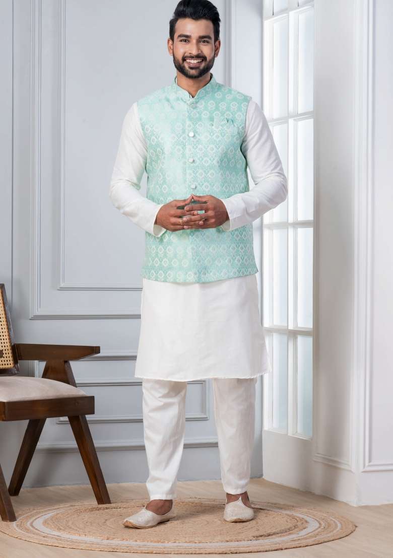 White Embroidery Silk Kurta Set For Men - Indya