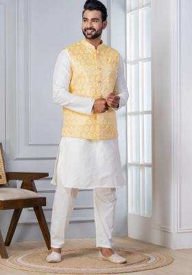 White Embroidery Silk Kurta Set For Men