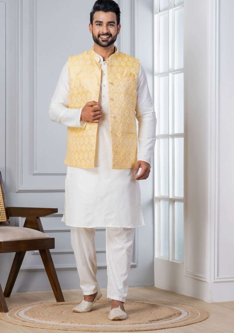 White Embroidery Silk Kurta Set For Men - Indya