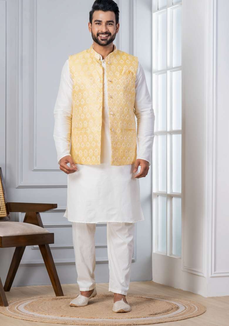 White Embroidery Silk Kurta Set For Men - Indya
