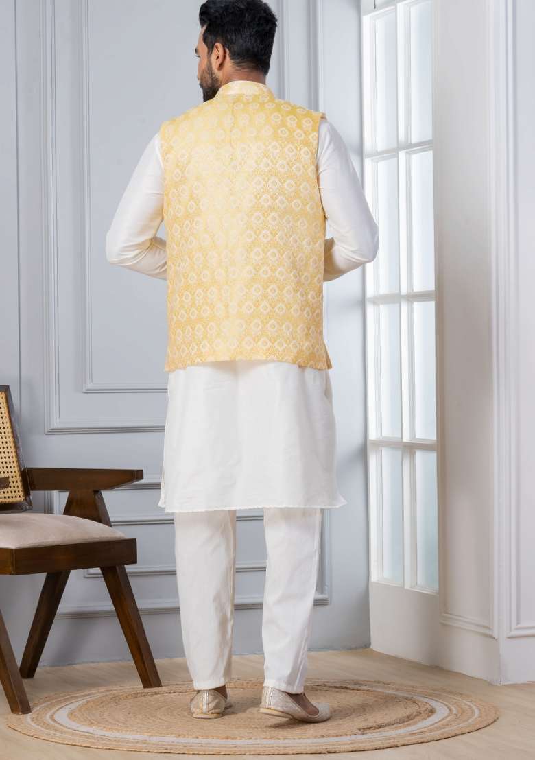 White Embroidery Silk Kurta Set For Men - Indya