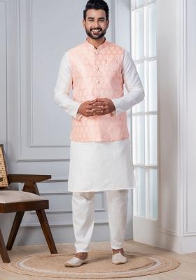White Embroidery Silk Kurta Set For Men