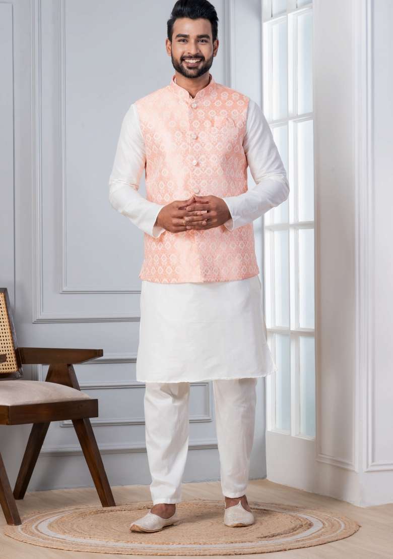 White Embroidery Silk Kurta Set For Men - Indya