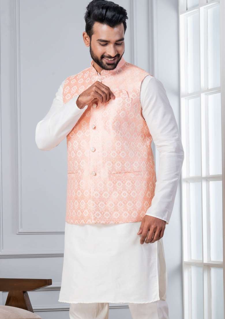 White Embroidery Silk Kurta Set For Men - Indya