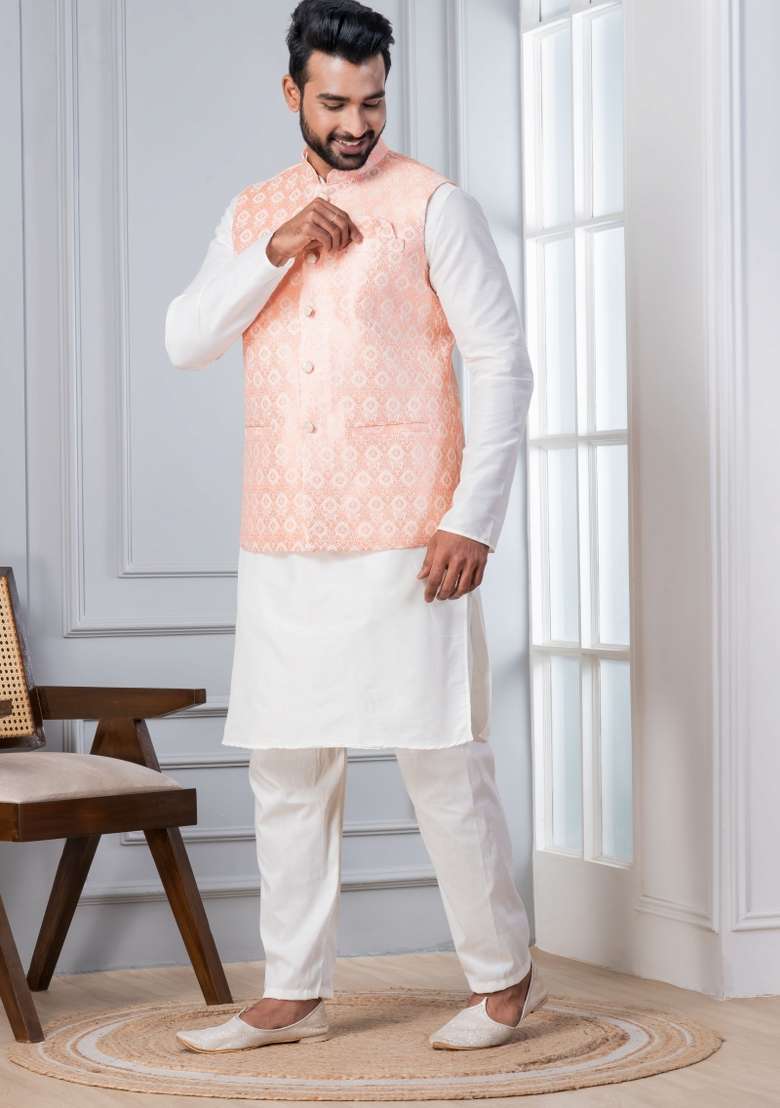 White Embroidery Silk Kurta Set For Men - Indya