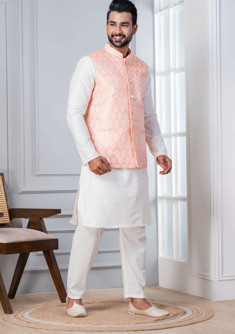 White Embroidery Silk Kurta Set For Men - Indya