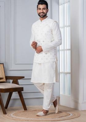 White Embroidery Silk Kurta Set For Men