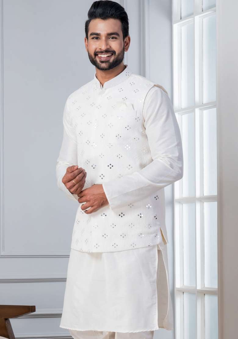 White Embroidery Silk Kurta Set For Men - Indya