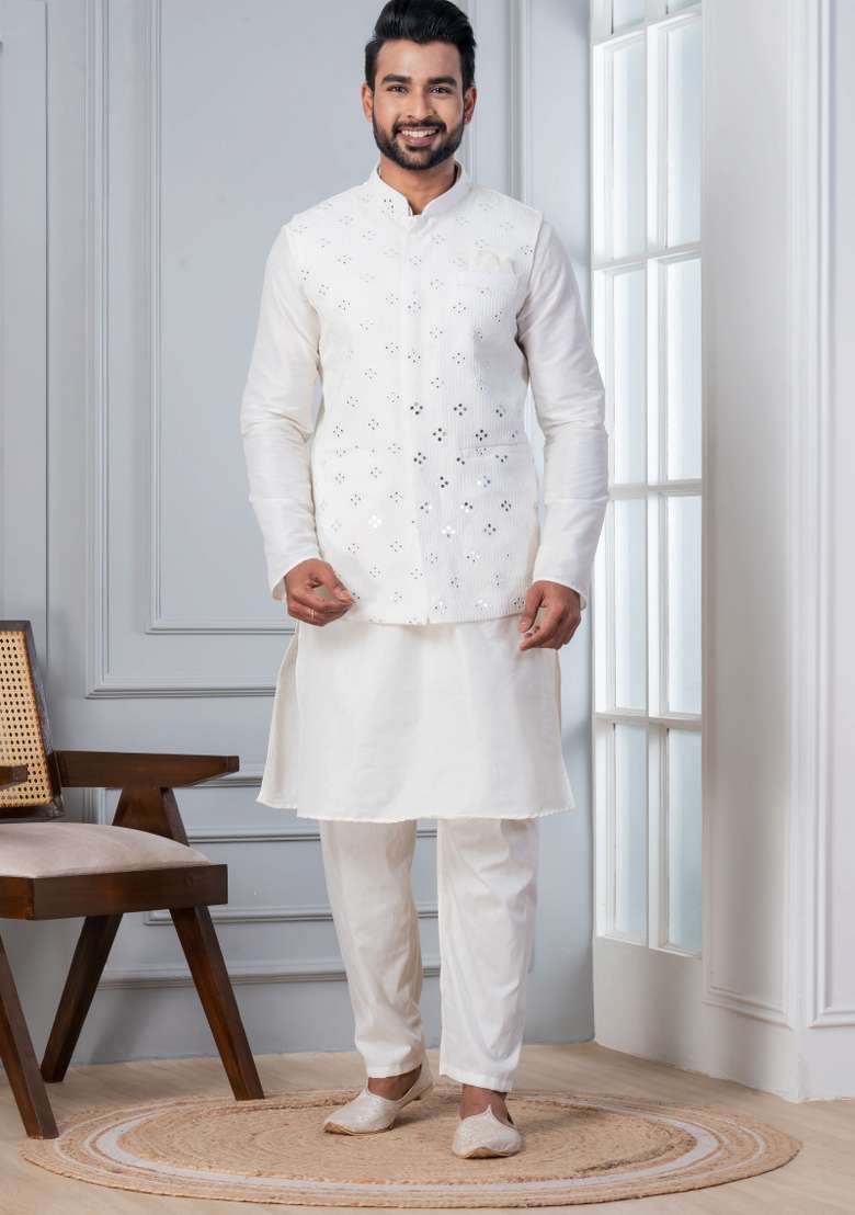 White Embroidery Silk Kurta Set For Men - Indya