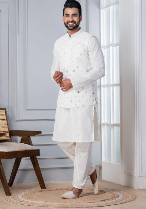 White Embroidery Silk Kurta Set For Men