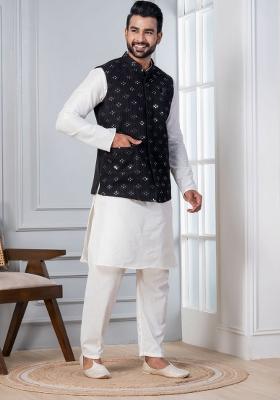 White Embroidery Silk Kurta Set For Men