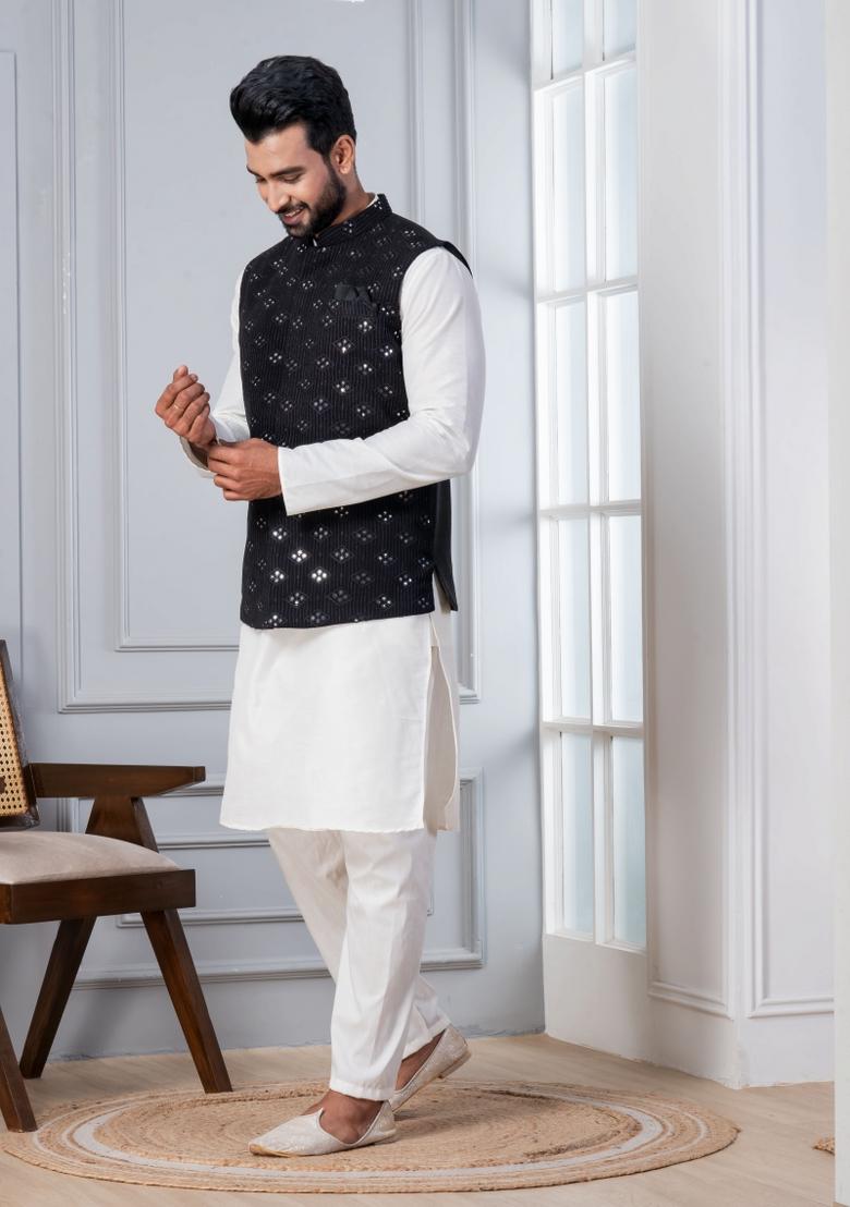 White Embroidery Silk Kurta Set For Men - Indya