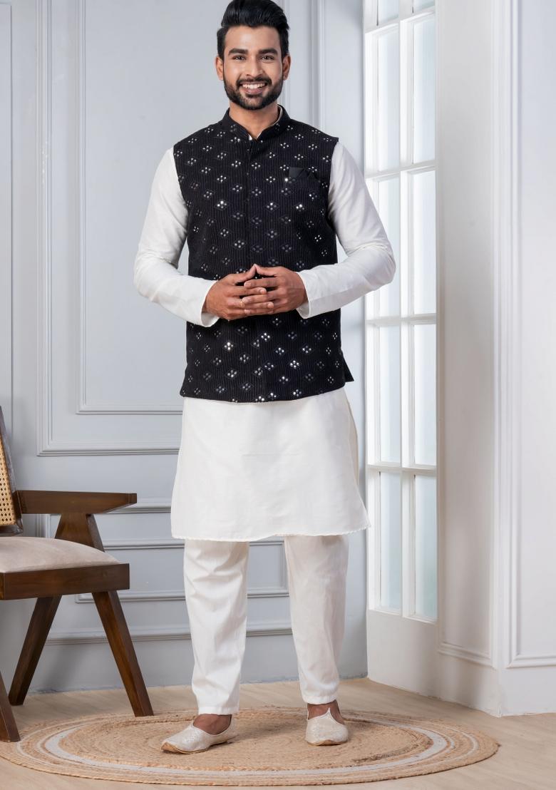 White Embroidery Silk Kurta Set For Men - Indya