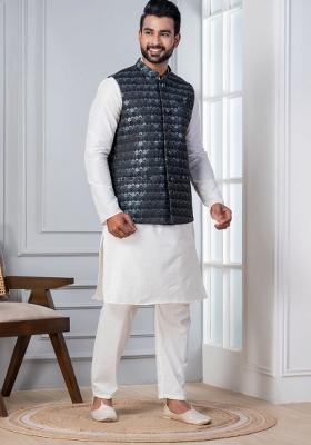 White Embroidery Silk Kurta Set For Men
