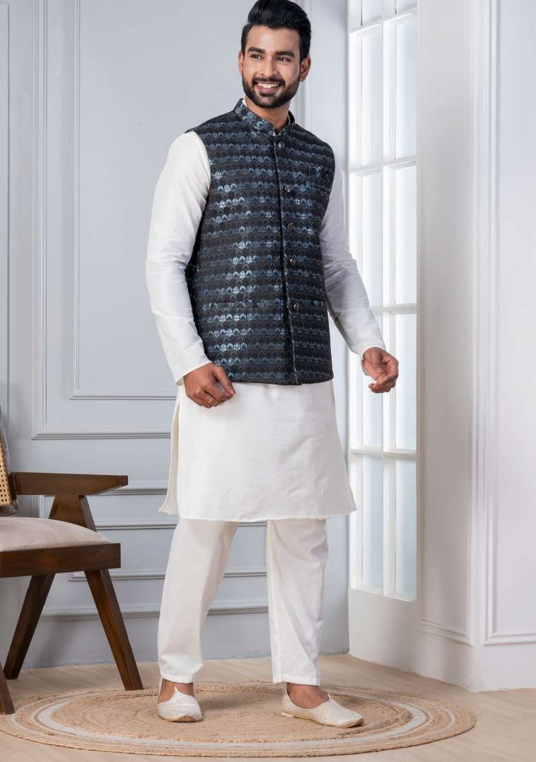 White Embroidery Silk Kurta Set For Men - Indya