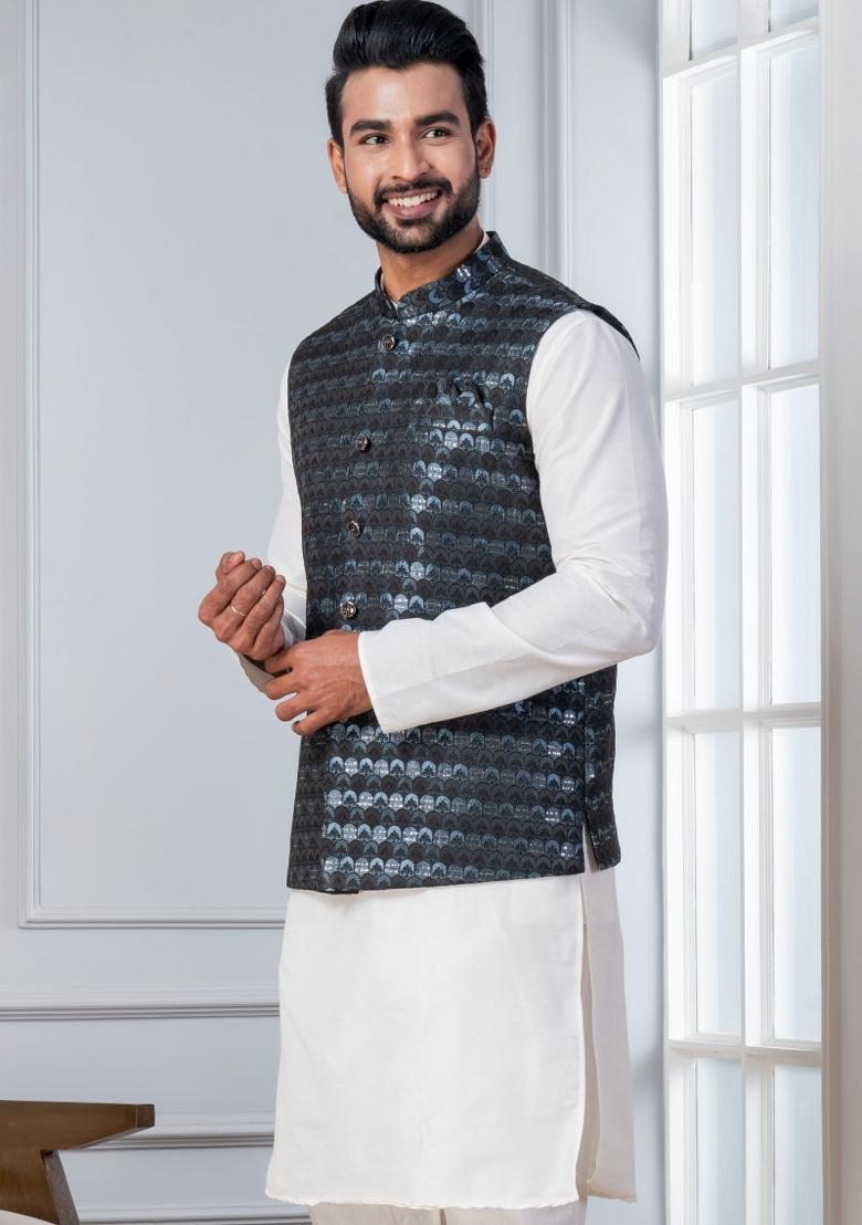 White Embroidery Silk Kurta Set For Men - Indya